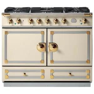 La Cornue Cornufe 110cm Dual Fuel Freestanding Oven Morning Dew with Polished Brass CFE110DFMD-BN by La Cornue, a Cooktops for sale on Style Sourcebook