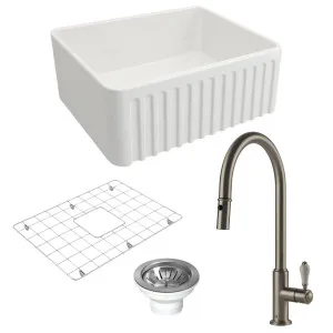 Turner Hastings Novi 60 Butler Sink Pack with Brushed Nickel Ludlow Pull Out Mixer Tap and Accessories PKG029 by Turner Hastings, a Kitchen Sinks for sale on Style Sourcebook
