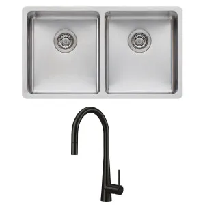 Oliveri Sonetto Double Bowl Sink and Essente Black Pull Out Tap Pack SS31625-BLSN63TU by Oliveri, a Kitchen Sinks for sale on Style Sourcebook