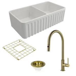 Turner Hastings Novi 85 Double Bowl Butler Sink Pack with Brushed Brass Naples Pull Out Mixer Tap and Accessories PKG015 by Turner Hastings, a Kitchen Sinks for sale on Style Sourcebook