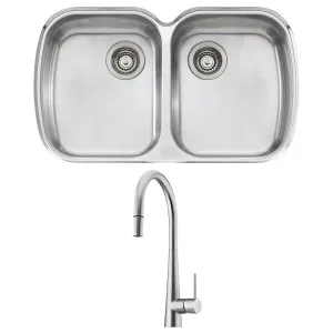 Oliveri Monet Double Bowl Sink and Essente Pull Out Tap Pack SS31625MO70U by Oliveri, a Kitchen Sinks for sale on Style Sourcebook