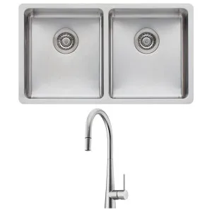Oliveri Sonetto Double Bowl Sink and Essente Pull Out Tap Pack SS31625SN63TU by Oliveri, a Kitchen Sinks for sale on Style Sourcebook