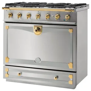 La Cornue Albertine 90cm Dual Fuel Freestanding Oven Brushed Stainless Steel with Polished Brass ALB90DFSS-BN by La Cornue, a Cooktops for sale on Style Sourcebook