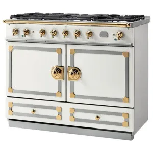 La Cornue Cornufe 110cm Dual Fuel Freestanding Oven Pure White with Polished Brass CFE110DFWH-BN by La Cornue, a Cooktops for sale on Style Sourcebook