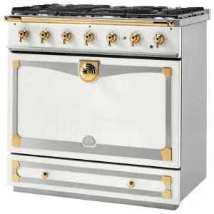 La Cornue Albertine 90cm Dual Fuel Freestanding Oven Pure White with Polished Brass ALB90DFWH-BN by null, a Cooktops for sale on Style Sourcebook