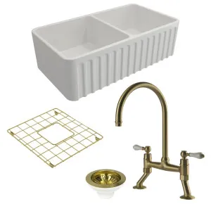 Turner Hastings Novi 85 Double Bowl Butler Sink Pack with Brushed Brass Ludlow Bridge Mixer Tap and Accessories PKG014 by Turner Hastings, a Kitchen Sinks for sale on Style Sourcebook
