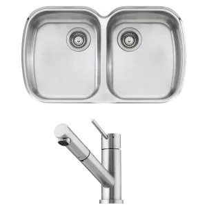 Oliveri Monet Double Bowl Sink and Essente Pull Out Tap Pack SS31615MO70U by Oliveri, a Kitchen Sinks for sale on Style Sourcebook