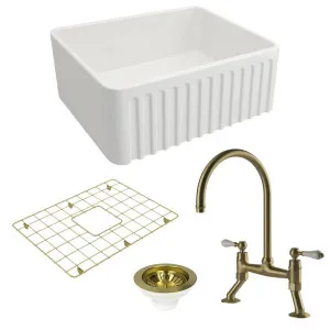 Turner Hastings Novi 60 Butler Sink Pack with Brushed Brass Providence Double Mixer Tap and Accessories PKG028 by Turner Hastings, a Kitchen Sinks for sale on Style Sourcebook