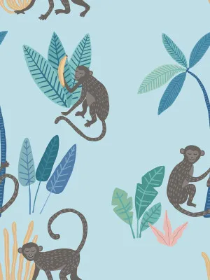Monkey Mischief Aqua Blue Wallpaper by Urban Road, a Wallpaper for sale on Style Sourcebook