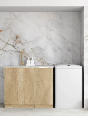 Byron/Bondi Natural Oak Base Laundry Cabinet with 1060mm Natural Carrara Marble Top by Otti Australia, a Cabinetry for sale on Style Sourcebook