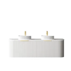 Hanava 750mm Sable Walnut Fluted Wall Hung Curve Vanity with Chloe Silk Top by Otti Australia, a Vanities for sale on Style Sourcebook