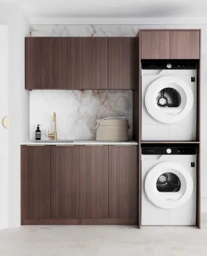 Laundry Kit 1960C Havana Sable Walnut Fluted with Natural Carrara Marble Top by Otti Australia, a Cabinetry for sale on Style Sourcebook