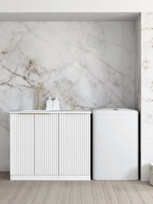 Noosa Fluted White Base Laundry Cabinet with 1060mm Cloudy Carrara Top by Otti Australia, a Cabinetry for sale on Style Sourcebook