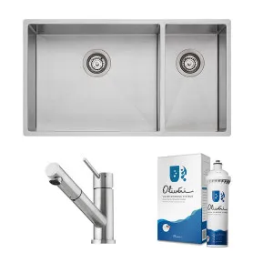 Oliveri Spectra 1 and 1/2 Bowl Sink and Essente Pull Out Tap Pack with Filter Kit 31615SB35SSFS5010 by Oliveri, a Kitchen Sinks for sale on Style Sourcebook