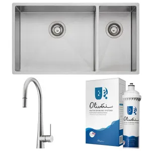 Oliveri Spectra 1 and 1/2 Bowl Sink and Essente Pull Out Tap Pack with Filter Kit 31625SB35SSFS5010 by Oliveri, a Kitchen Sinks for sale on Style Sourcebook