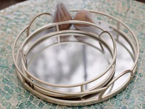 Tinka Set of 2 Gold Round Metal Decor/ Serving Trays by Coast to Coast, a Trays for sale on Style Sourcebook