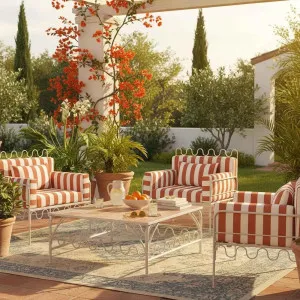 Wira Arm Chair Outdoor Iron Terracotta/White Stripe Cushions PRE ORDER ETA 12/11/2025 by Florabelle Living, a Outdoor Chairs for sale on Style Sourcebook