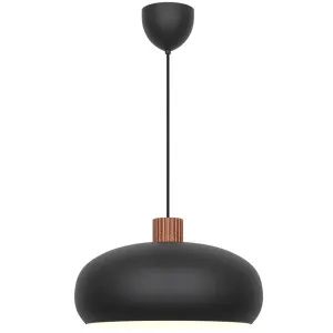 Nordlux Aurelio Wide Metal Dome Pendant with Ribbed Wood Accent Black by Nordlux, a Pendant Lighting for sale on Style Sourcebook