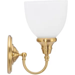 Benson Classic U-Arm Wall Sconce with Opal Glass Shade Satin Brass by Lighting Inspirations, a Wall Lighting for sale on Style Sourcebook