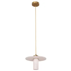 CLA Lucerna Alabaster Cylinder Pendant with Sculptural Round Disc Brass by Compact Lamps Australia, a Lighting for sale on Style Sourcebook