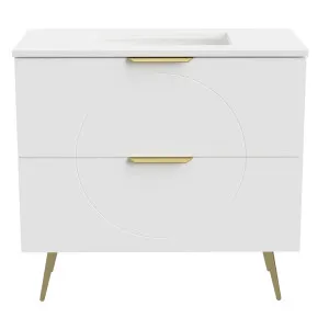 Sutherland House Vanity 900mm Centre WG Basin SilkSurface UC Top On Legs, White Satin by Timberline, a Vanities for sale on Style Sourcebook