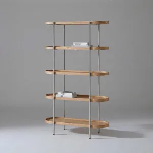 Cleo 5 Tier Shelf 165cm x 100cm Bookcase Natural Ash Brushed Stainless Steel by Seek & Ramble, a Bookshelves for sale on Style Sourcebook