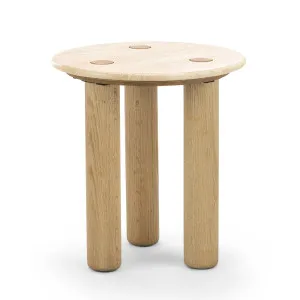 Ayra 45cm Round Travertine Side Table, Cream & Natural Oak by L3 Home, a Side Table for sale on Style Sourcebook