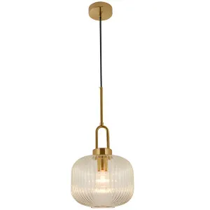 Main Contemporary Lantern Pendant with Ribbed Glass Shade Satin Brass by Lighting Inspirations, a Lighting for sale on Style Sourcebook