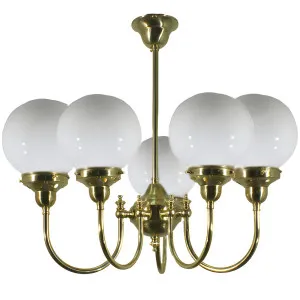 Luke Modern Vintage Polished Brass Pendant with Opal Gloss Orbs 5 Light by Lighting Inspirations, a Lighting for sale on Style Sourcebook