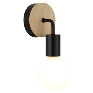 CLA Solo Industrial Iron Wall Light with Round Wood Highlight - Black by Compact Lamps Australia, a Wall Lighting for sale on Style Sourcebook