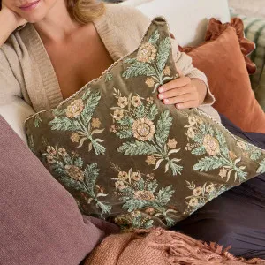 Habitat Elaris Floral Embroidered Velvet Cushion Dark Green by Habitat, a Cushions, Decorative Pillows for sale on Style Sourcebook