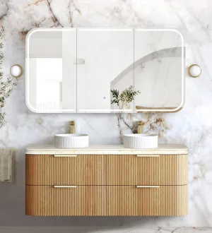 Havana Fluted 1500mm Woodland Oak Wall Hung Curve Vanity With English Edge Sand Dune Top by Otti Australia, a Vanities for sale on Style Sourcebook