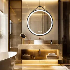 Round LED Vanity Mirror with Hanging Strap 70cm by Luxe Mirrors, a Vanity Mirrors for sale on Style Sourcebook