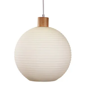 Oriel Lighting Twillo Round Ribbed Opal Glass Pendant with Wood Accents - Medium by Oriel Lighting, a Lighting for sale on Style Sourcebook
