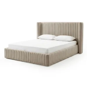Nina Queen Velvet Gas Lift Storage Bed Frame in Warm Grey by Luxo Furniture, a Beds & Bed Frames for sale on Style Sourcebook