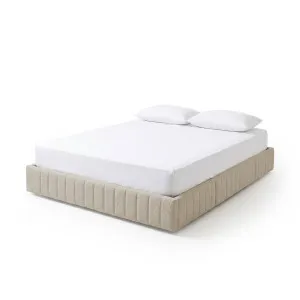 Solin Queen Fluted Storage Bed Base in Warm Beige Boucle by Luxo Furniture, a Beds & Bed Frames for sale on Style Sourcebook