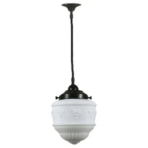 Senator 8'' Opal Matte on Cloth Cord Black Cloth Suspension, Patina by Lighting Inspirations, a null for sale on Style Sourcebook