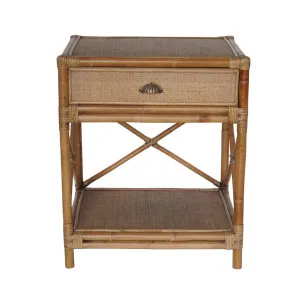 Cayman Rattan Hamptons One Drawer Bedside Table W/ Shell Handle by OneWorld Collection, a Bedside Tables for sale on Style Sourcebook