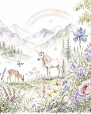 Rainbow Unicorn Valley Wallpaper Mural by oliveetoriel.com, a Wallpaper for sale on Style Sourcebook
