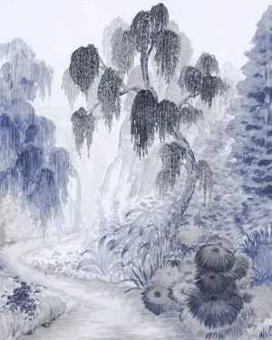 Japandi Garden Panoramic Mural Navy Blue on White Mural Wallpaper by oliveetoriel.com, a Wallpaper for sale on Style Sourcebook