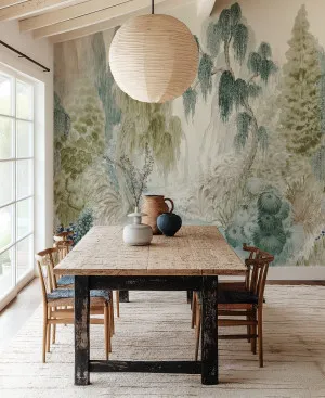 Japandi Garden Panoramic Painted Mural Wallpaper by oliveetoriel.com, a Wallpaper for sale on Style Sourcebook