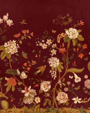 Sparrow Bloomscape in Burgundy Wallpaper by oliveetoriel.com, a Wallpaper for sale on Style Sourcebook