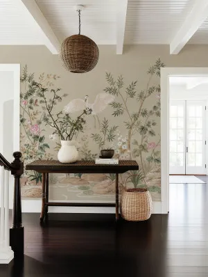 Chinoiserie Garden Panoramic Painted Mural in Sage Green Wallpaper by oliveetoriel.com, a Wallpaper for sale on Style Sourcebook