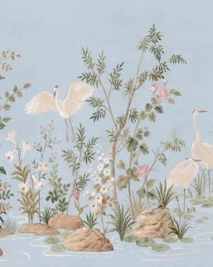 Chinoiserie Garden Panoramic Painted Mural in Soft Blue Wallpaper by oliveetoriel.com, a Wallpaper for sale on Style Sourcebook