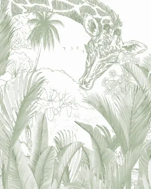 Giraffe Friends Sage Green Wallpaper Mural by oliveetoriel.com, a Wallpaper for sale on Style Sourcebook