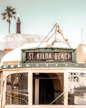 St Kilda Beach Tram by oliveetoriel.com, a Wallpaper for sale on Style Sourcebook