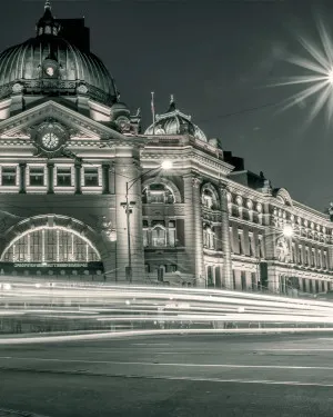 Flinders Street at Night by oliveetoriel.com, a Wallpaper for sale on Style Sourcebook