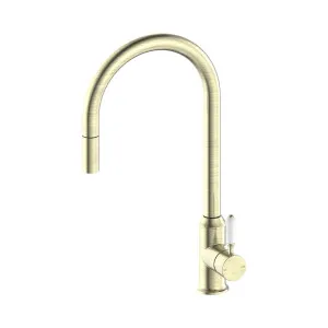 York Pull Out Sink Mixer With Vegie Spray Function With White Porcelain Lever Aged Brass by NERO, a Kitchen Taps & Mixers for sale on Style Sourcebook