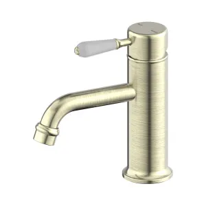York Straight Basin Mixer With White Porcelain Lever Aged Brass by NERO, a Bathroom Taps & Mixers for sale on Style Sourcebook