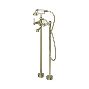 York Freestanding Bath Set With White Porcelain Hand Shower Aged Brass by NERO, a Shower Heads & Mixers for sale on Style Sourcebook